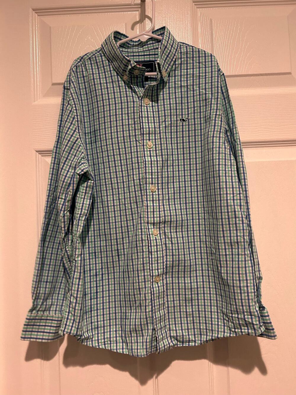 Vineyard Vines Boys S 8-10 Whale Shirt Green Blue Gingham Check LS Button Down